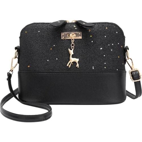 Women PU Leather Shell Shoulder Crossbody Bag Lady Girl Sequin Messenger Bag With Deer Pendant Bag Fashion Casual Crossbody Bag