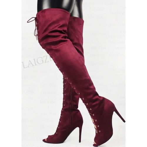 LAIGZEM Women Over Knee Boots Faux Suede Side Zip Thin Heels Tall Boots Wide Calf Friendly Ladies Shoes Woman Big Size 41 47 52