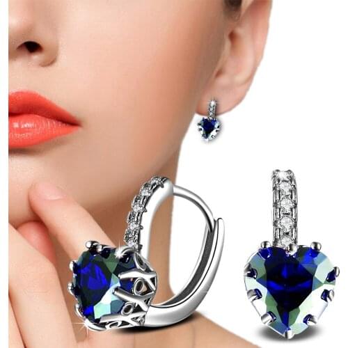 Hot Sales Plata color jewelry AAA Zircon Earrings for Women brincos love heart blue Crystal Earrings Accessorie Wedding