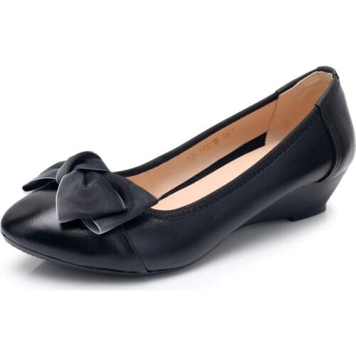 2020 New Soft Comfortable Women Shoes Flat Wedges Non-slip Large Size Bow Genuine Leather Shoes Fashion Casual Shoes Woman Flats