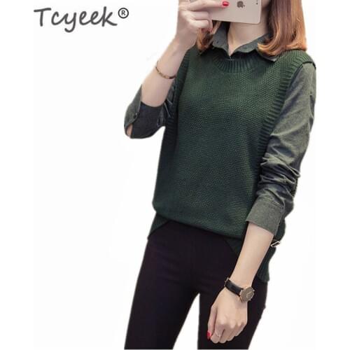 Sweater Women Autumn Patchwork Fake Two Pieces Pullover Style Winter Ladies Tops Spring Sueter Mujer LWL786
