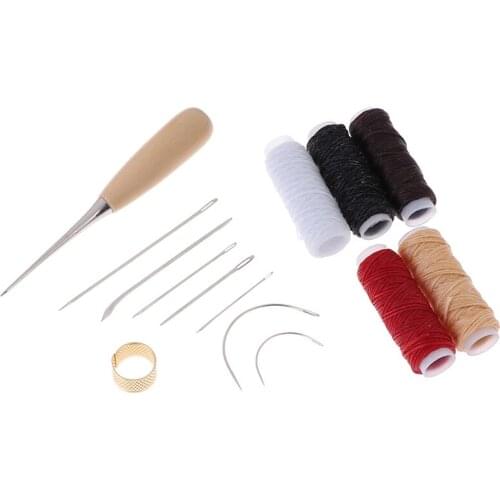 14pcs Hand Sewing Needles With Leather Waxed Thread Cord Drilling Awl And Thimble For Leather Canvas Coats Repair Tools