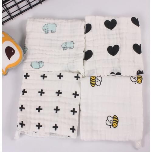 5pcs A Lot Baby Towel 4 Layers 100% Cotton Handkerchief Infants Wipe Cloth Soft Water Absorption Black White Cartoon Patterns