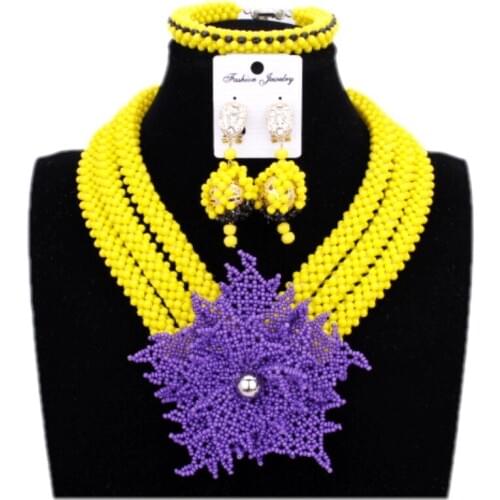 African Wedding Jewelry Set Yellow Design With Purple Handmade Big Flower Jewellery Set Nigerian Beads Necklace Set Jewelry Set