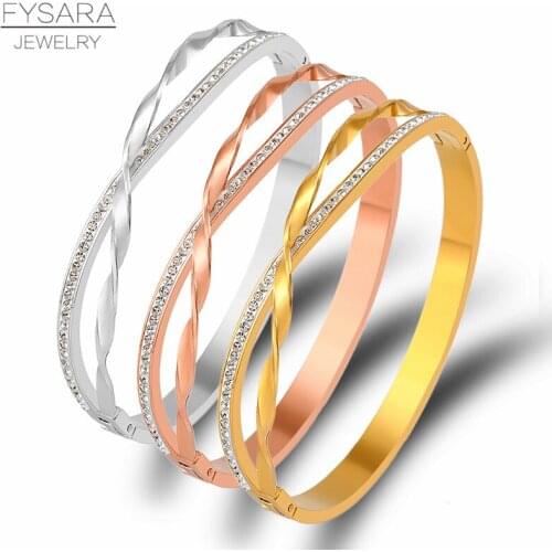 FYSARA Full Crystals Cross Bracelet Titanium Steel Bangle Woman Jewelry Charms for Gold Bangles Wedding Engagement