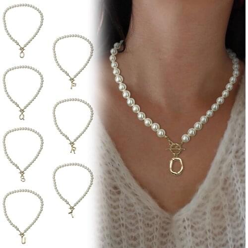 Vintage Pearl Necklace For Women Chain 26 Alphabet Imitation Pearl Chain Choker Letter Pendant Girls Ladies Fashion Jewelry Gift