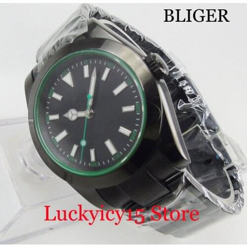 BLIGER PVD Black Round Sterile Automatic Men Watch MIYOTA Movement Deployment Clasp Sapphire Glass Green Marks