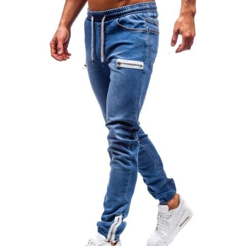 Summer Denim Pants Frosted Zipper Drawstring Men Multi Pockets Ankle Tied Jeans for Dating Casual Slim- Fashion Clothing