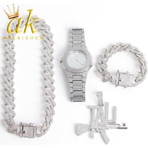 Brass CZ Stones White Gold Plated Hip Hop Jewelry Set (Necklace+Bracelet+Watch+Pendant)
