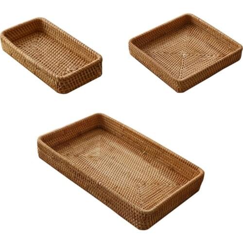 Rattan Storage Basket Rectangular Wicker Hand Woven Fruit Candy Bread Organizer