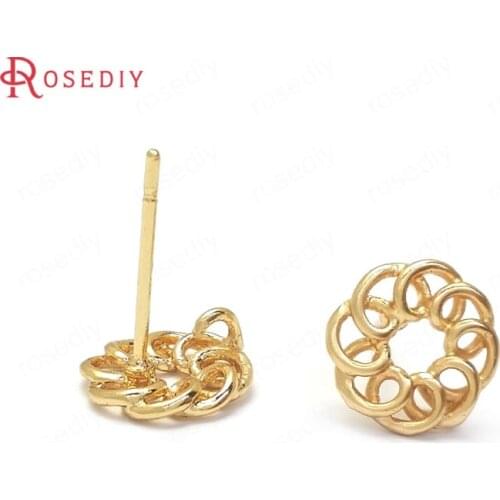 36038)10PCS 9MM 24K Gold Color Brass Winding Wire Round Stud Earrings High Quality Diy Jewelry Findings Accessories
