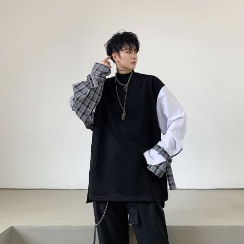 2020 Mens Patchwork Color Decorative Coats Loose Casual Pullover Long Sleeve Hoodies Cotton Streetwear Sweatshirts Size M-XL