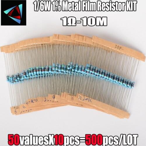 500pcs 1-10M 50 values 1/6W 1% Metal Film Resistor Assortment Kit Set