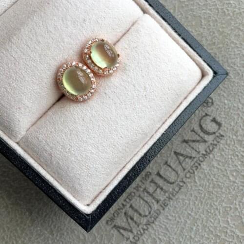 Prehnite stud earring Natural prehnite Free shipping 925 sterling silver Fine gems jewelry For men or women 5*7mm