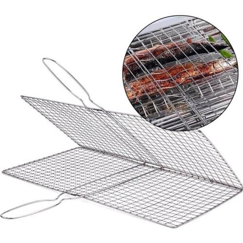 Stainless Steel Rectangular Grilling Basket | Long Wooden Handle | Vegetables Meat Fish