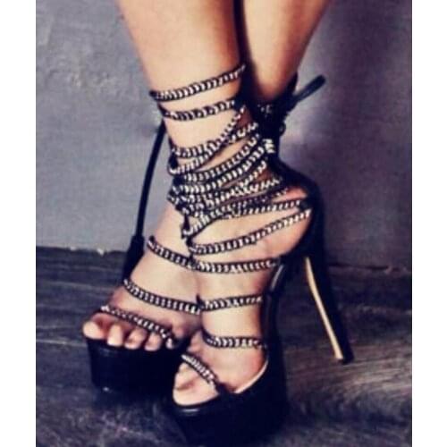Real Photos Women Fashion Open Toe Lace-up High Platform Gladiator Sandals Rope Chain Design High Heel Sandals Dress Shoes
