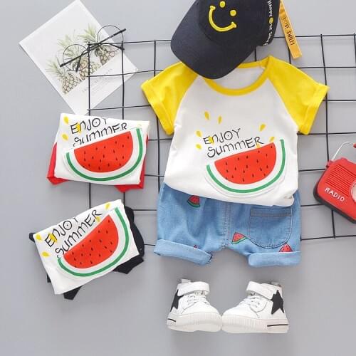 New Baby Shirt Clothing Set Cartoon Fruit Top Denim Set Baby Clothes Boys Girls Cute Summer Casual Wear Set