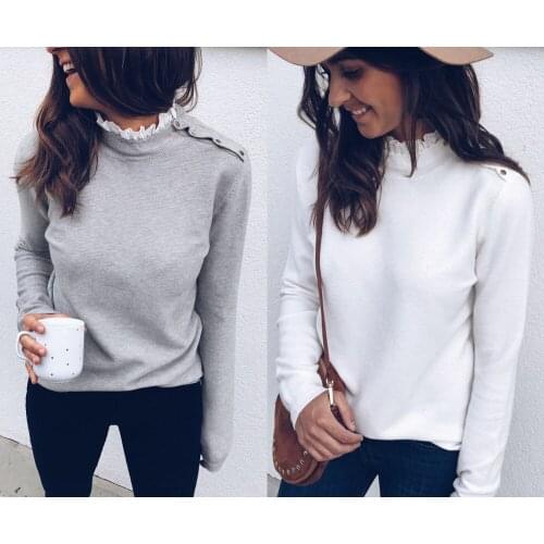 Women T-Shirts Sexy Lace Turtleneck Knitted Ladies Tops 2020 Autumn Fashion Long Sleeve Female Slim Bottoming Clothing