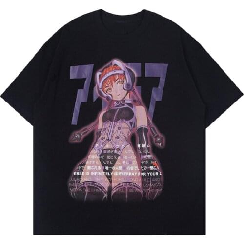 Oversize Women Tee Shirts Sexy Manga Girls Kanji Print Anime Tee Shirts Summer Baggy College Style Tops Fashion 2000s Streetwear