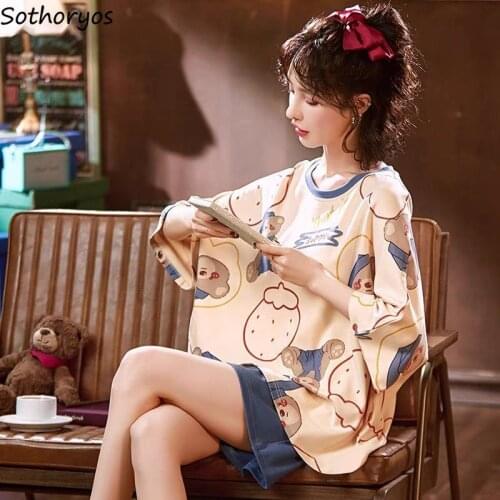 Women Pajama Sets V-neck Japan Style Lace-up Short Sleeve Loose Casual Lounge Wear Plus Size M-3XL Cartoon Lovely Comfortable