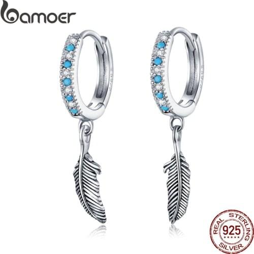Bamoer Boho Style 925 Sterling Silver Jewelry Turquoise Color Stone Feather Dangle Earrings for Women Earring with Charm SCE898