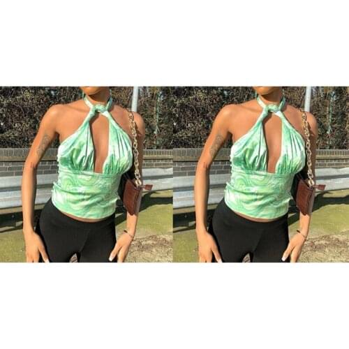 Hot kf-Summer Sexy Backless Sleeveless Halter Top Women Printed V Neck Satin Crop Tops Ladies Fashion Elegant Streetwear