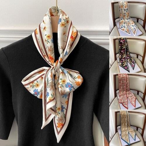 Floral Print Women Small Silk Scarf DIY Handle Bag Ribbons Female Head Scarves Flowers Printing Kerchief Shawls Wraps Headband