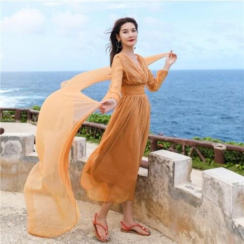 Beach Summer Boho Sexy Deep V Neck Backless Maxi Women Dress Fashion Lantern Sleeve Bohemian Vintage Casual Dresses High Quality