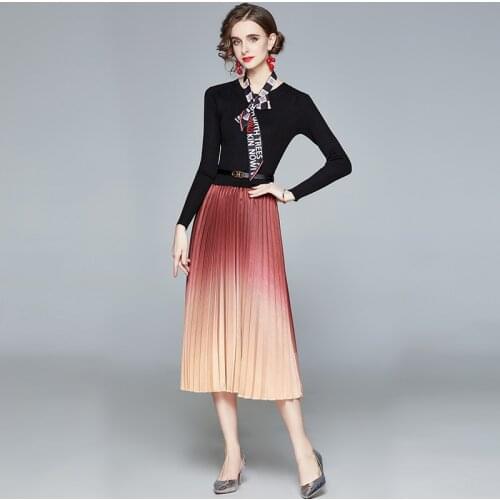VAIR MUDO Dress Women Fake Two-piece Dress 2021 Spring Autumn Retro Fashion Sweater Stitching Pleated Skirt Patchwork Lady Y-20