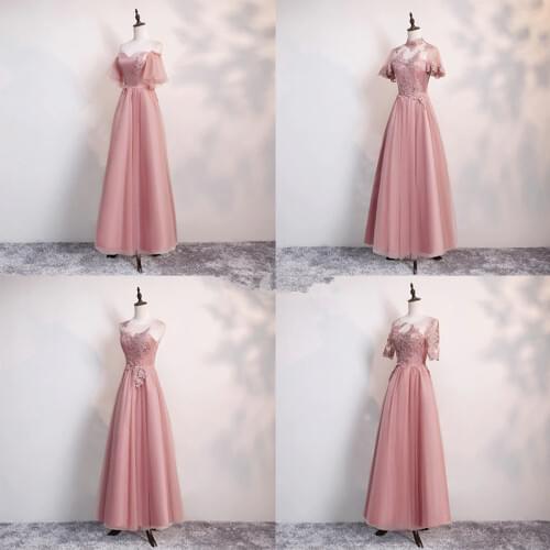 Beauty Emily O Neck Lace Appliques Bridesmaid Dresses Short Sleeve Pink Long Dress For Wedding Party Beads Lace Up Back Vestido
