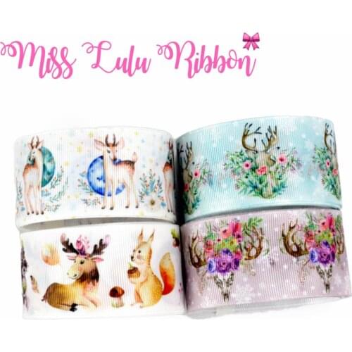 16mm-75mm Animal Series Deer Printed Grosgrain/Foe Ribbon Pretty Flower Hair Band Making 50yards/roll DIY Christams Decor
