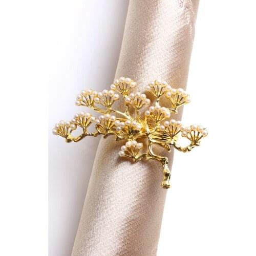 6pcs/lot Pearl pine tree napkin buckle zinc alloy napkin ring western table decoration gold pearl napkin ring