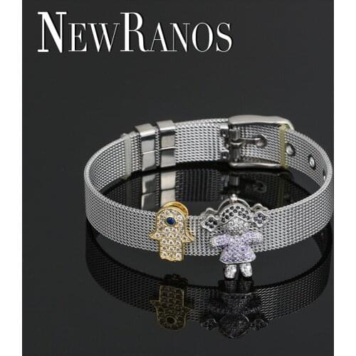 Newranos Stainless Steel Mesh Chain Bracelets Cubic Zircons Girl & Hamsa Hand Charm Bracelet for Women Fashion Jewelry BFH008