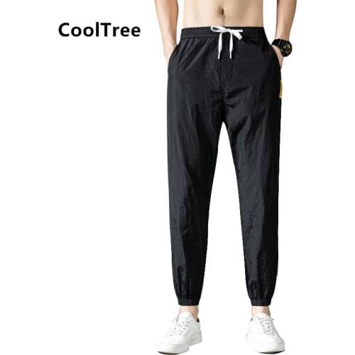 CoolTree Men Ice Silk Pant Spring Summer Breathable Thin Solid Color Casual Trouser Male Fashion Loose Tied feet Pant Streetwear
