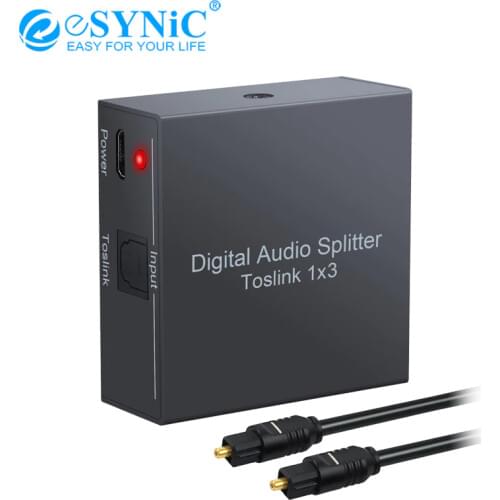 ESYNiC Digital Audio Splitter 3 Way SPDIF Toslink Optical 1 In 3 Out For PS3 XBOX DAC Converter For HDTV STB LPCM 2.0 / DTS