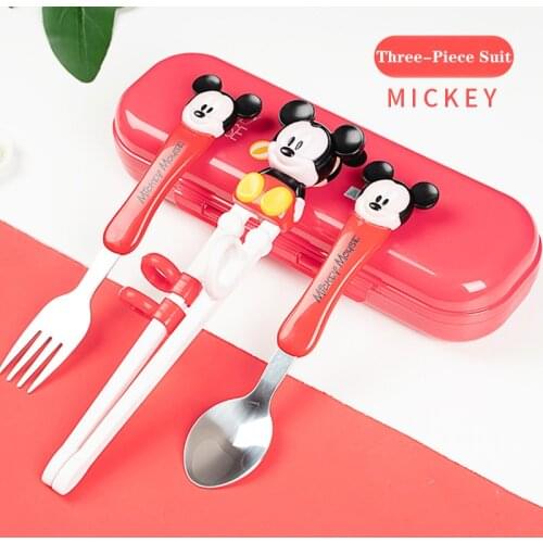 Disney Childrens Training Chopsticks Spoon Fork Set Minnie Mickey Children Learning Practice Chopsticks Three-Piece Cutlery