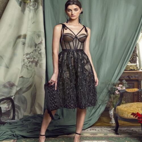 Elegant Black Evening Dresses Spaghetti A Line Lace Feather Women Prom Gowns Custom Made Party Dress