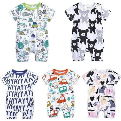 Hooyi Baby Boys Jumpsuit Summer Short Sleeve Romper Girls Clothes Outfit Newborn Crewneck Bodysuit Cartoon Zoo Animal Cars Shirt