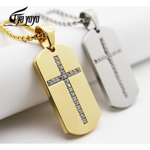Micro Paved Dog Tag Cross Pendant & Stainless Steel Necklace For Men Iced Out Jewelry Classic Cross Christian Pendant Necklace