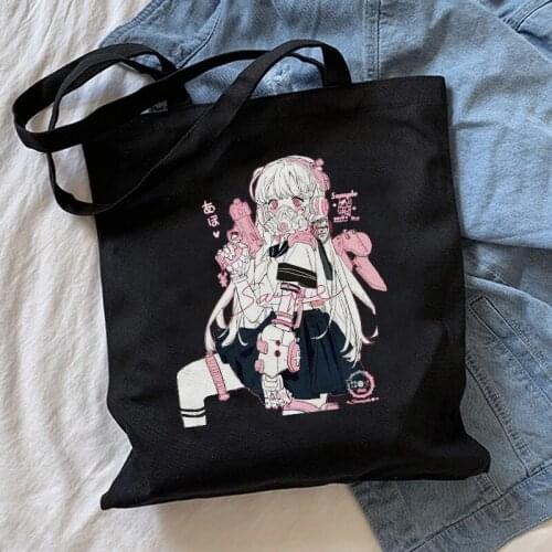 Reusable shopping bag fashion lady canvas handbag cute Japanese girl print bag cartoon pink kawaii shopping shoulder bag