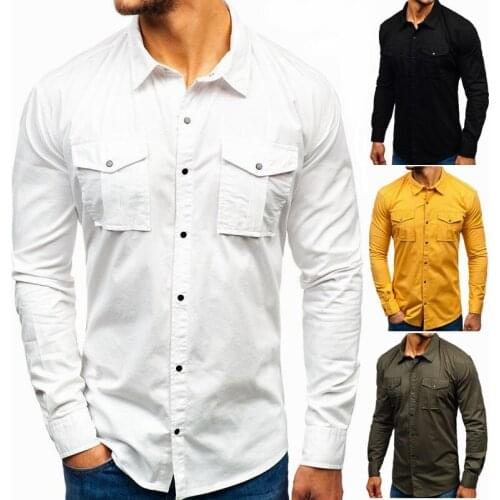 2021 New Men Cotton Long Sleeve Smart Casual Shirt Male Fashion Turn-down Collar Single Breasted Double Pocket Shirt White M-3XL