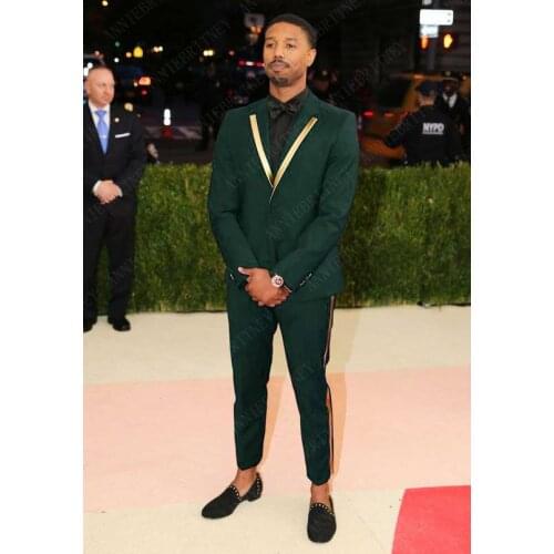 ANNIEBRITNEY 2019 New Designs Gold Lapel Men Suit Set Casual Dark Green Tuxedo Slim Fit 2Pcs Men Suits Groom Wedding Prom Blazer