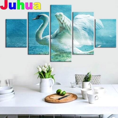 5 panel Diamond Mosaic White Swan Diamond Art full square round Diamond Embroidery Puzzle Painting Animal wall Picture Gift