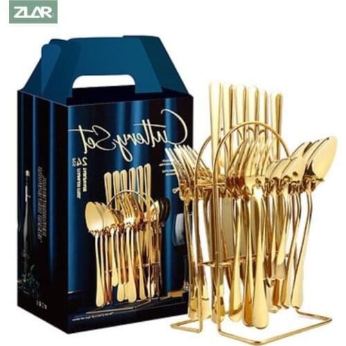 ZLAR 24pcs Stainless Steel Cutlery Set Silverware Golden Cultery Tableware Vintage Dinnerware Set Knife Fork Spoons Sets