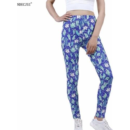 NDUCJSI Women Fashion Legging Sapphire Green Leaves Printing Leggins Slim High Waist Sport Girl Fitness Gym Woman Pants Running