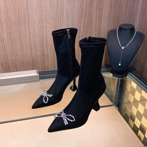 2021 Autumn and winter new wine glasses with elastic womens boots bow-knot womens Martin boots