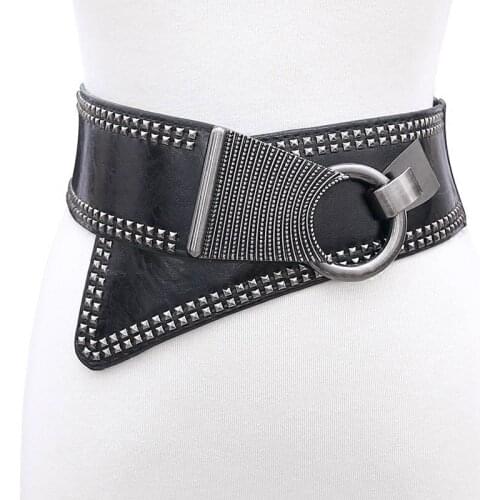 Leisure Punk Style Rivets Beading Round Buckle Women Belt Female Pu Leather Super Wide 9Cm Belts Personalized Wide Waistband
