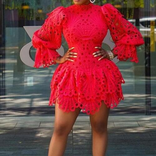 Autumn Women Embroidery Dresses 2021 Sexy Tunic Zipper Hollow Out Party Short Mini Dress Long Lantern Sleeve Dress femme Vestido