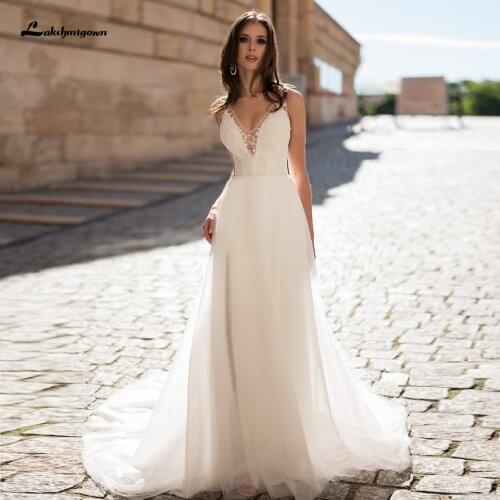 Lakshmigown Robe Ete A Line Wedding Dress 2021 New Design V-neck Lace Appliqued Elegant Bridal Tulle Wedding Gown Sleeveless