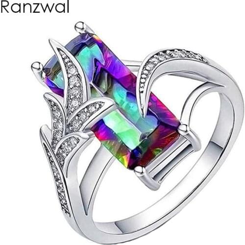 Ranzwal Fashion Women Ring Multicolor Green Long Triangle Cubic Zircon Ring Jewelry US SIZE 6~10